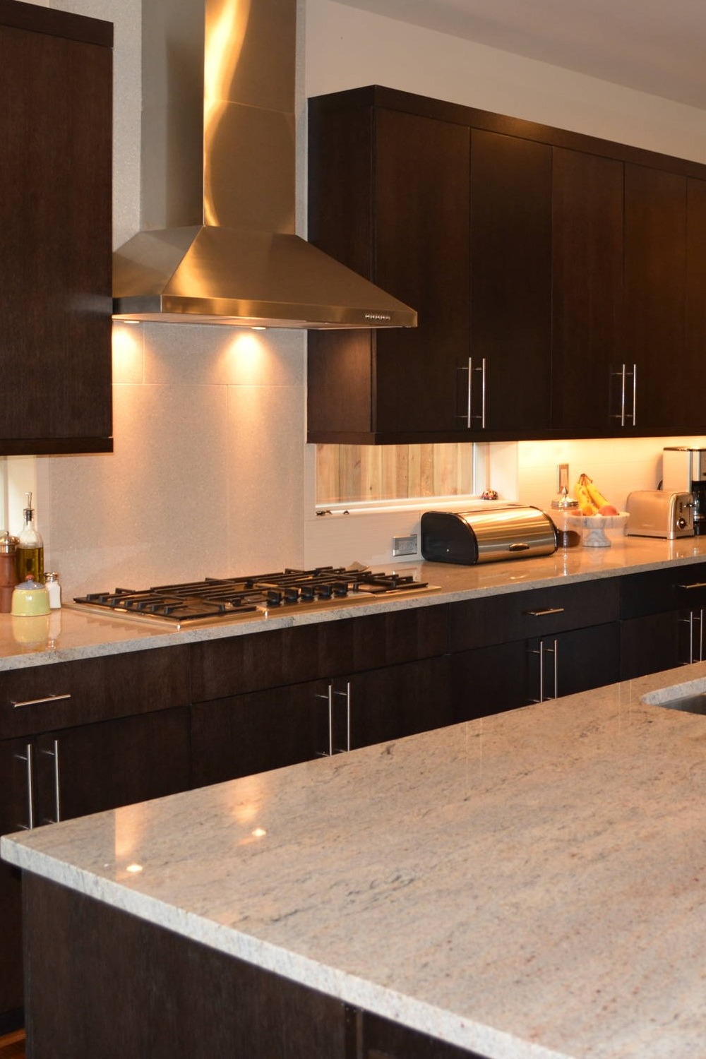 Light Color Granite Countertops Espresso Cabinets Dark Hardwood Flooring 1
