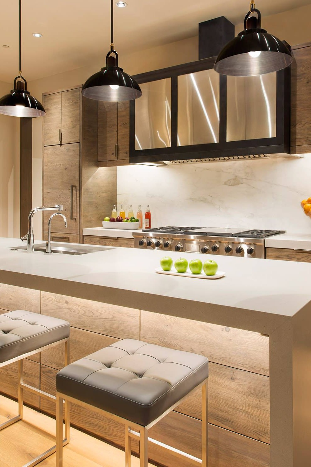 Light Quartz Countertops Distressed Modern Cabinets Wood Flooring Stone Slab Backsplash
