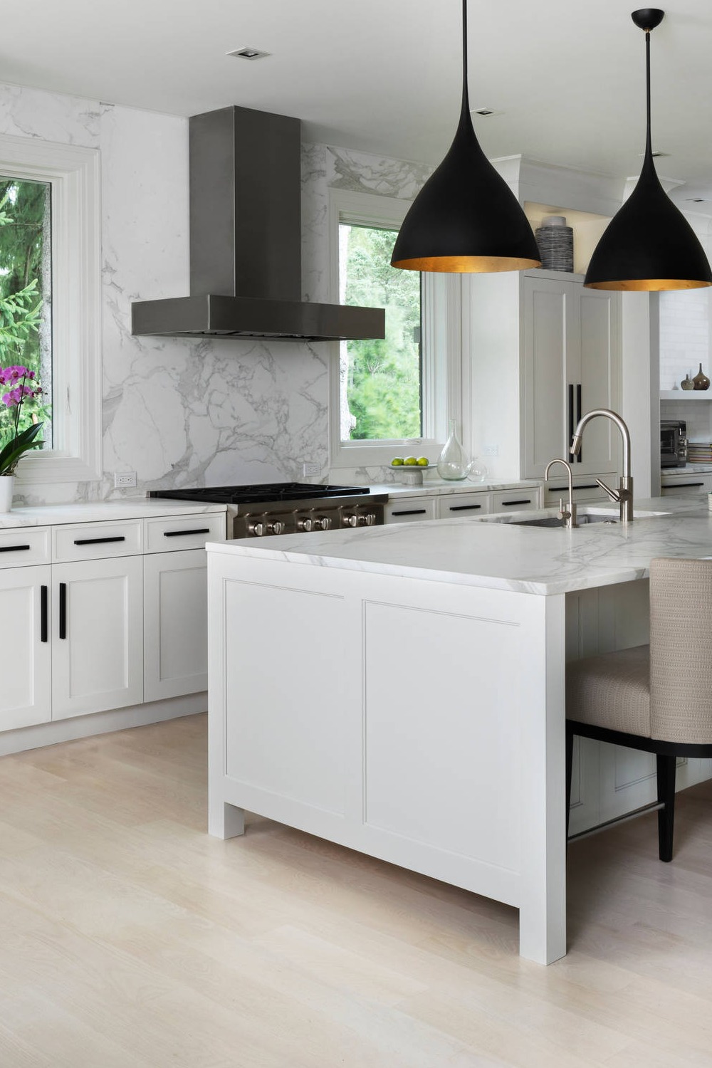 Light Wood Floor Shaker White Cabinets Marble Countertops Full Height Backsplash