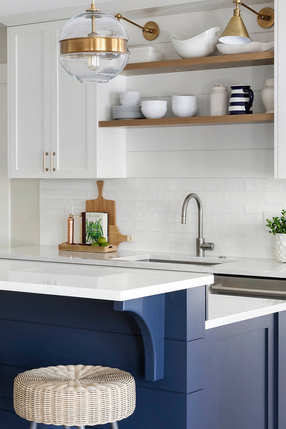 Shaker Blue Island White Kitchen Cabinets Quartz Countertops Subway Backsplash Tiles