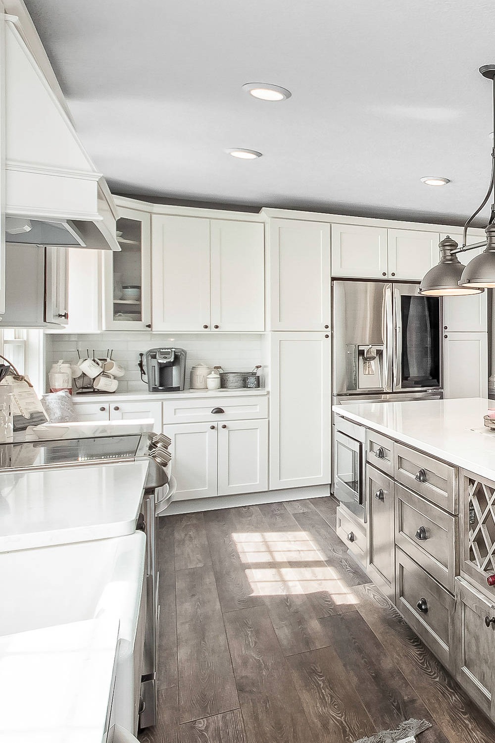 Shaker White Cabinetry Quartz Kitchen Counters Dark Gray Ceramic Floor Tiles Subway Backsplash