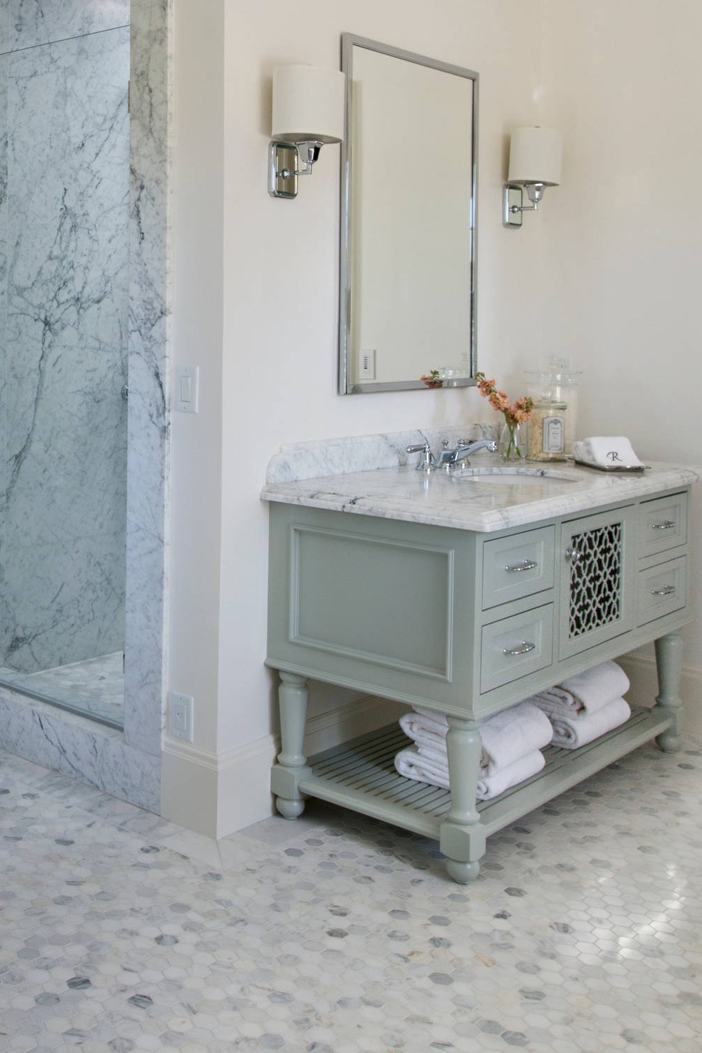 White Marble Countertops Backsplash Gray Cabinets Mosaic Tile Floor