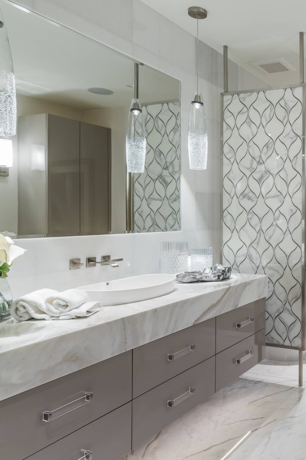 White Marble Countertops Floor Tiles Flat Panel Gray cabinets Beige Walls Vessel Sink