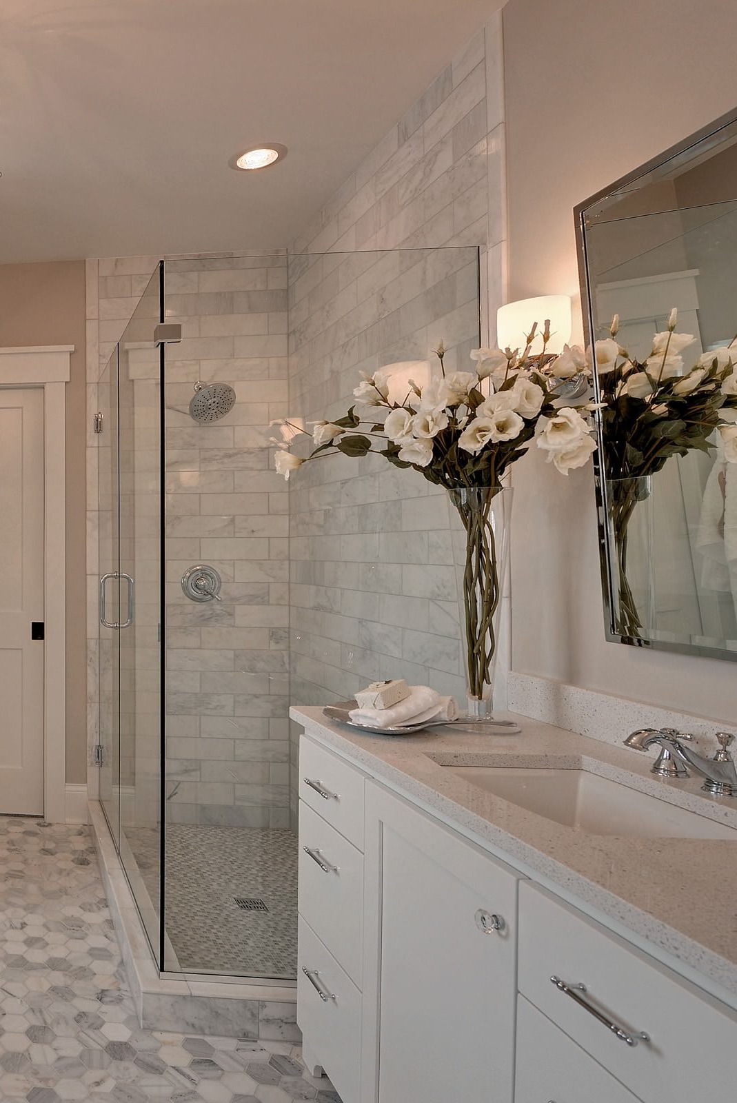 White Quartz Vanity Bathroom Countertop Floor Tiles Cabinets