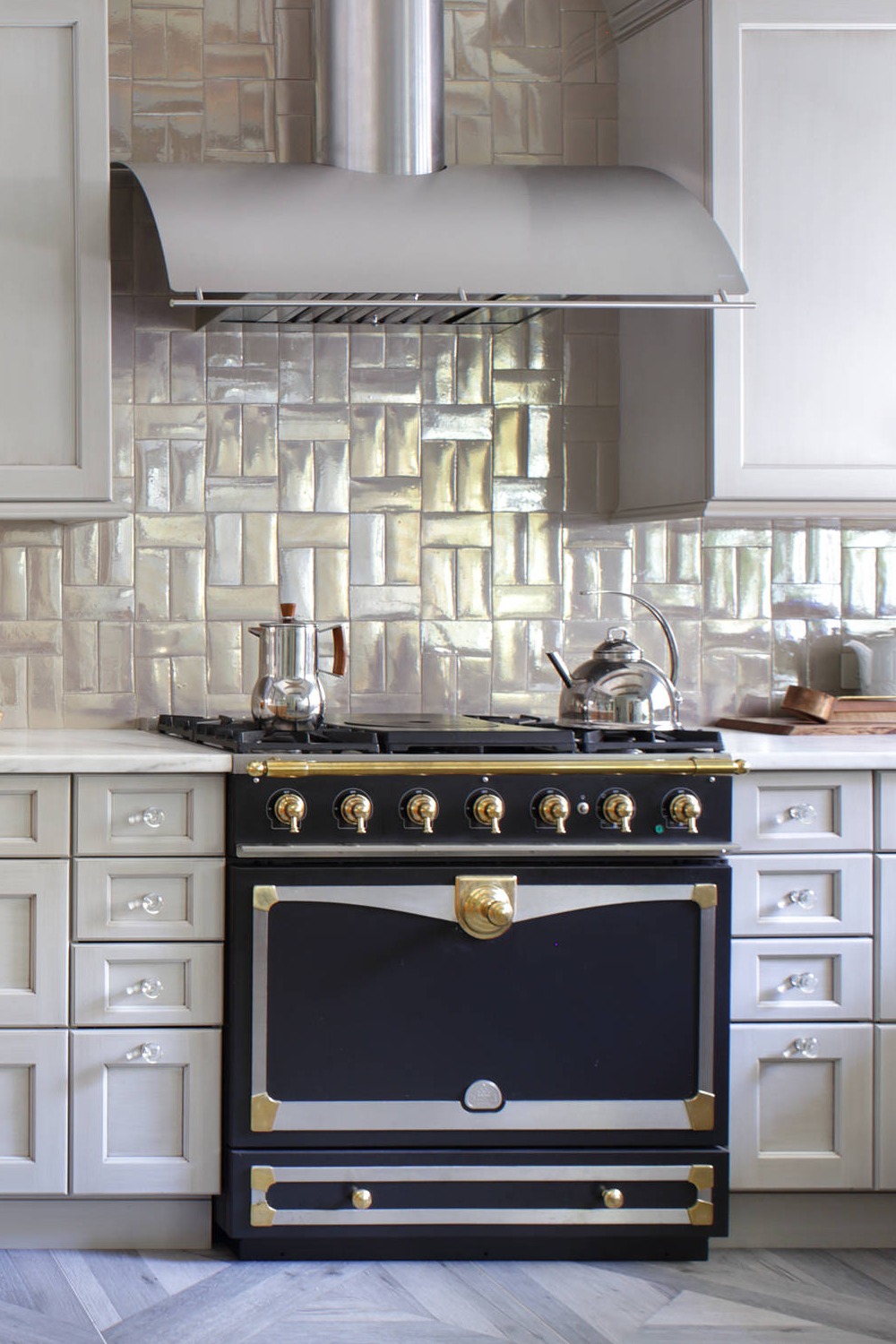 White Shaker Cabinets Glossy Tile Backsplash Marble Countertops Gray Ceramic Floor