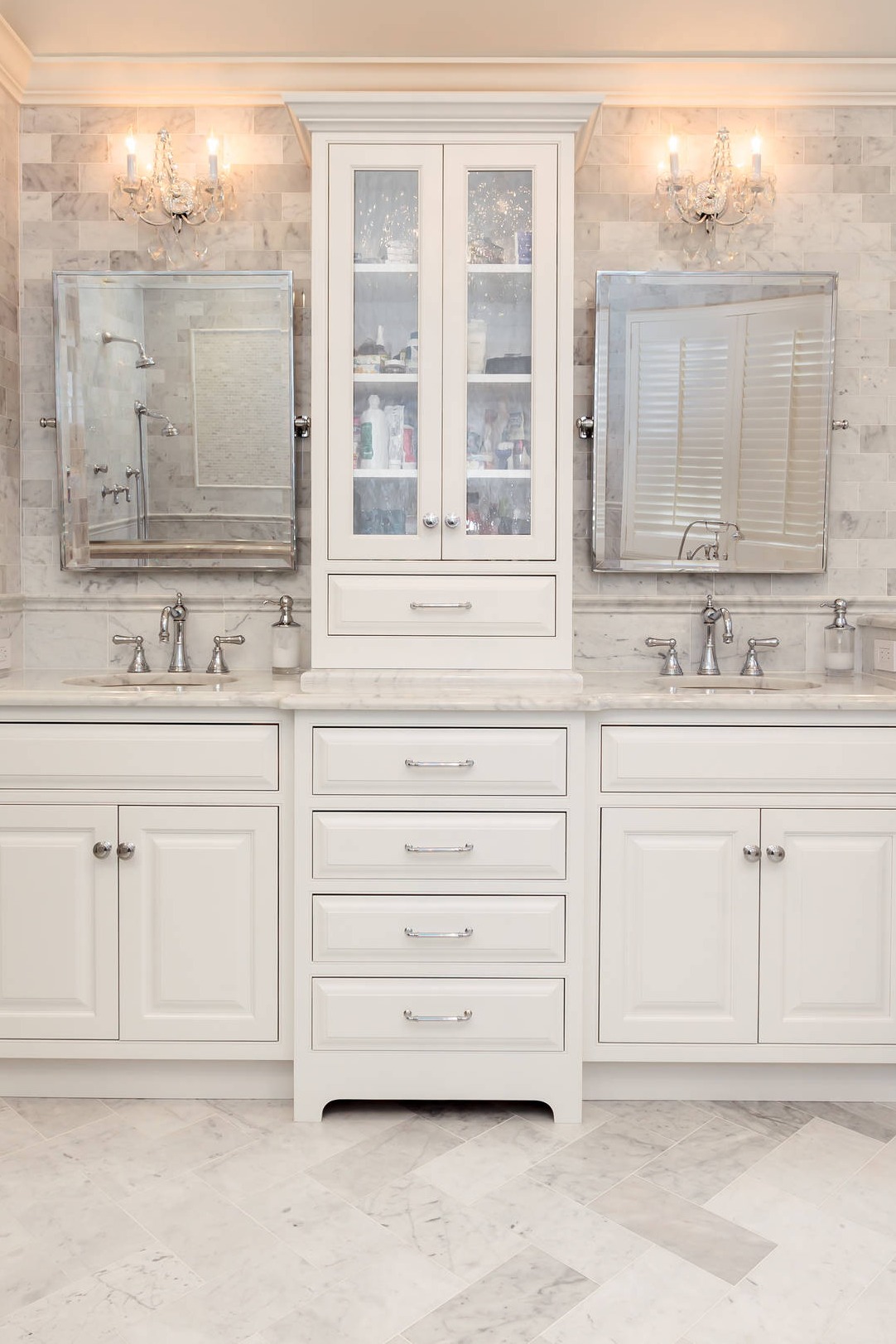 White Vanity Cabinets Marble Countertops Subway Tile Backsplash Floor