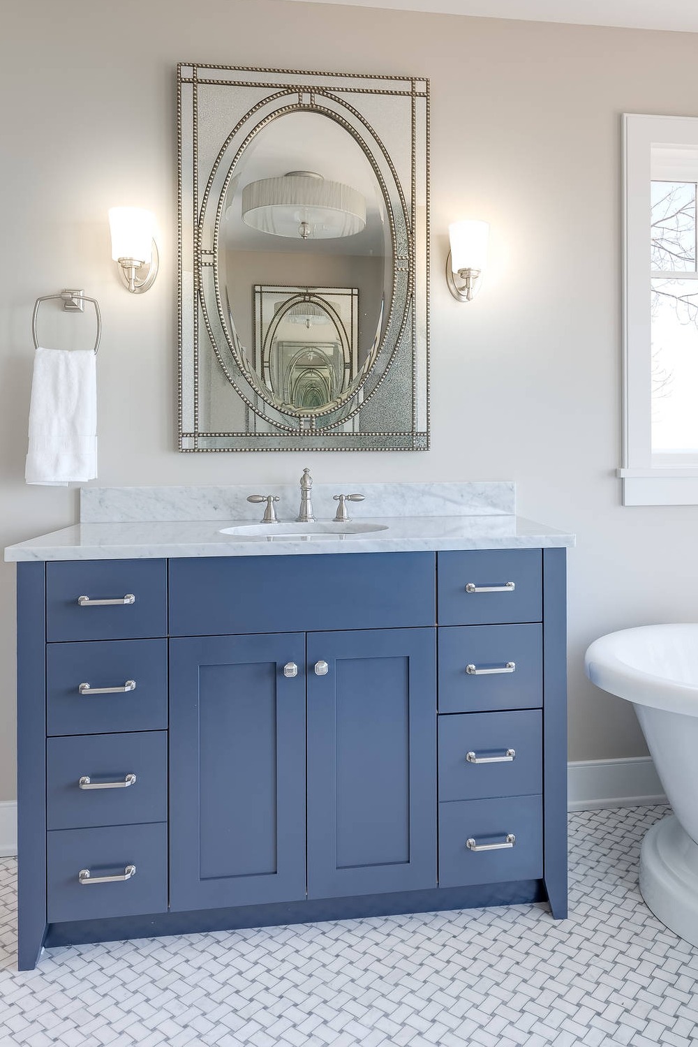 Blue Shaker Cabinets White Carrara Marble Countertops Gray Mosaic Floor Tiles