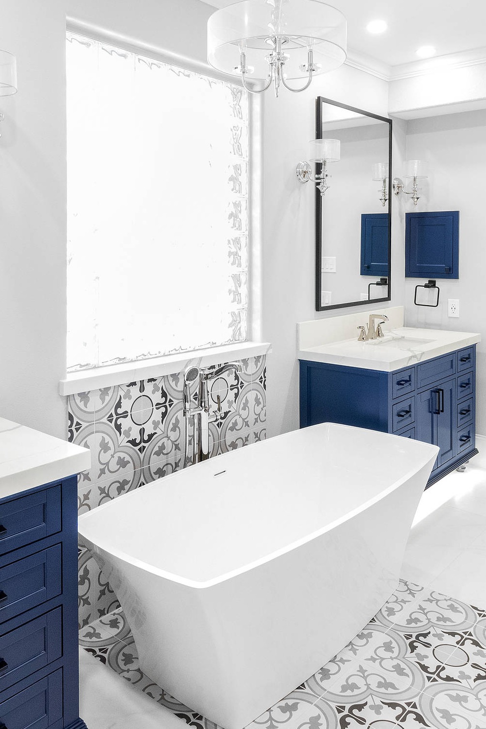 Blue Shaker Cabinets White Quartz Countertops Backsplash Multicolor Floor Tile