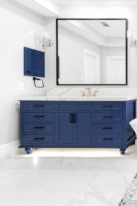 Blue Shaker Cabinets White Thick Quartz Countertops Ceramic Tile Floor