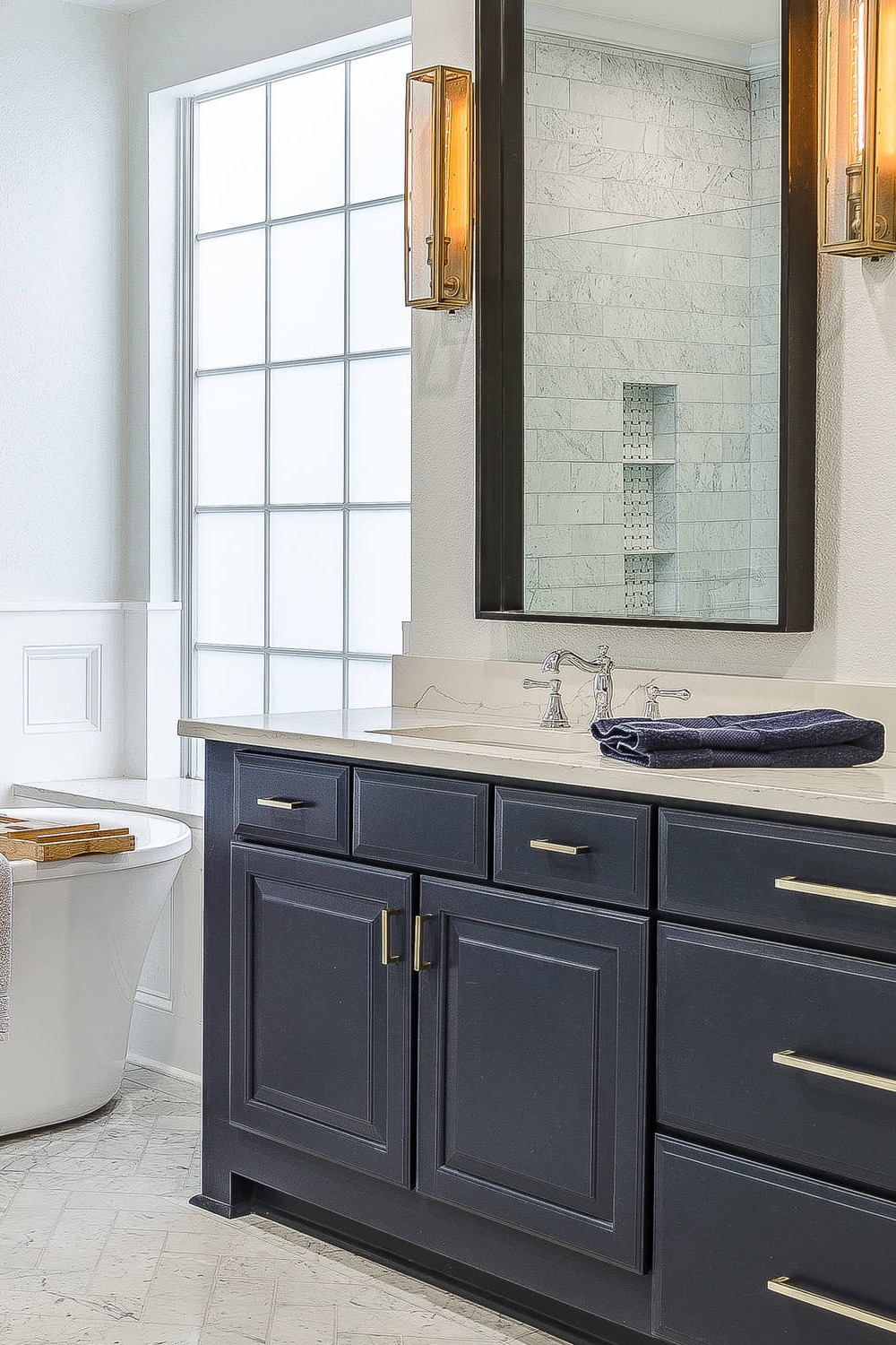 Blue Vanity Cabinets White Quartz Countertos Backsplash Marble Floor Tiles