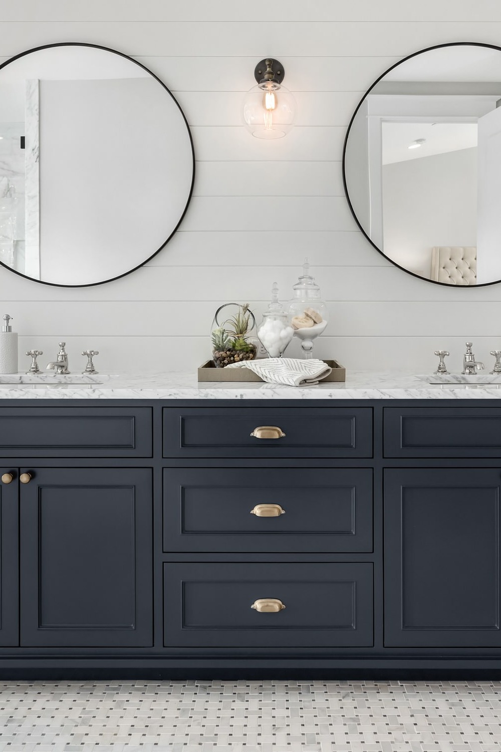 Dark Navy Color Cabinets White Marble Countertops Gray Wood Backsplash Floor Tiles