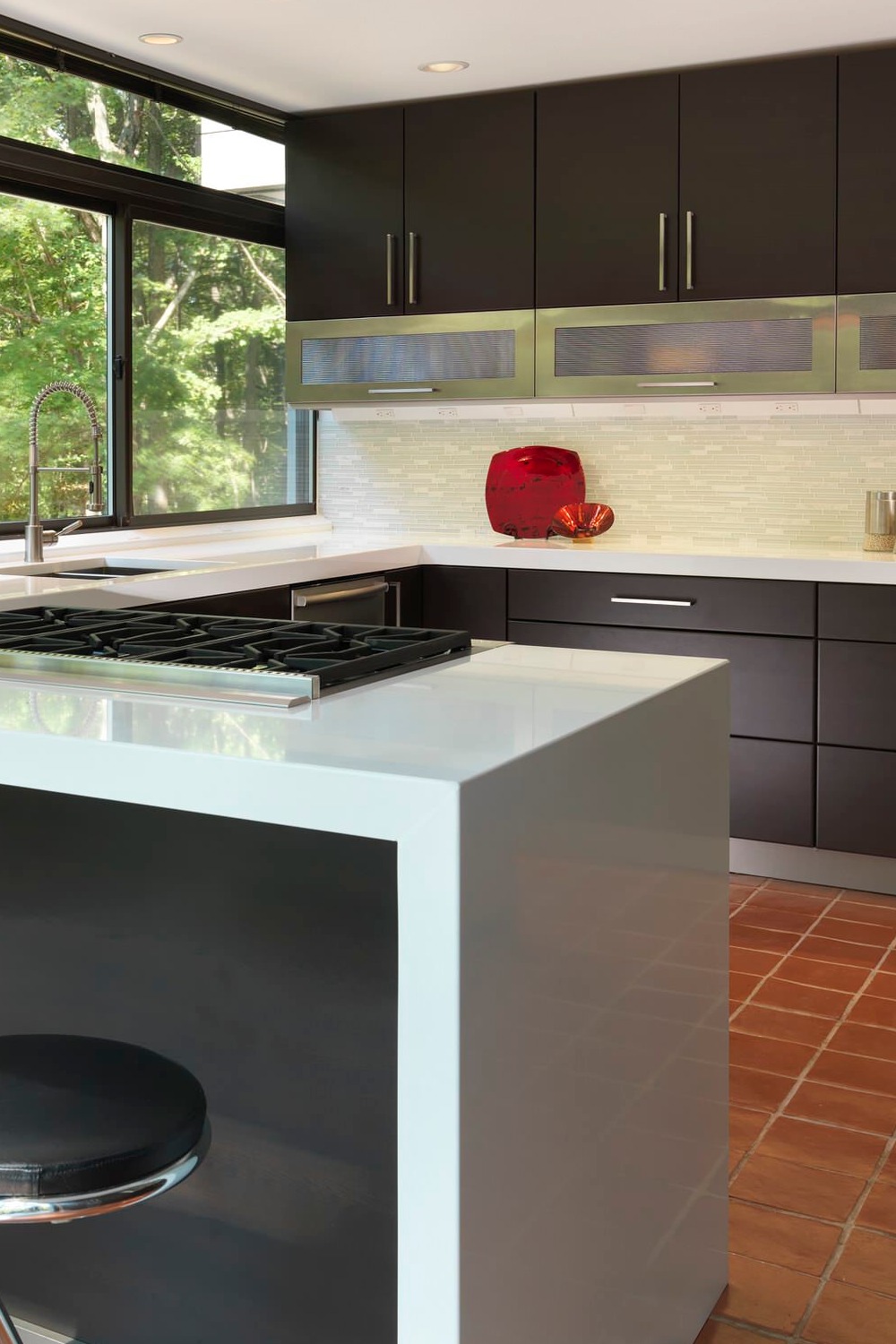 Flat Panel Charcoal Gray Cabinets White Quartz Countertops Cream Matchstick Tile Backsplash Terra Cotta Floor