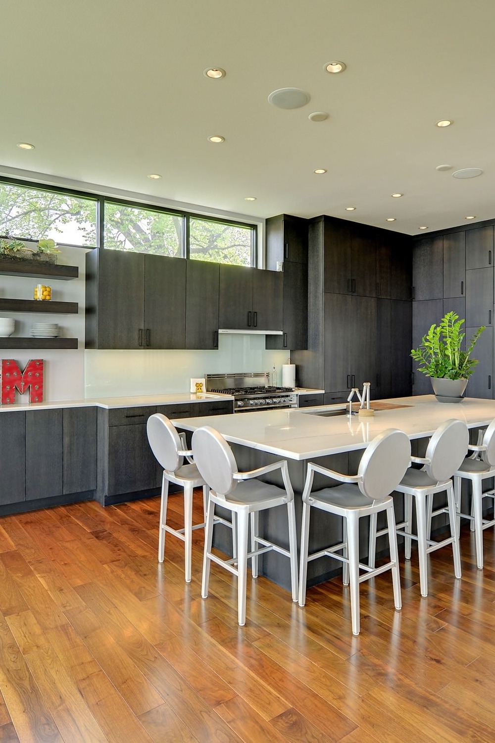 Flat Panel Gray Charcoal Cabinets White Quartz Countertops Backsplash Dark Wood Floor