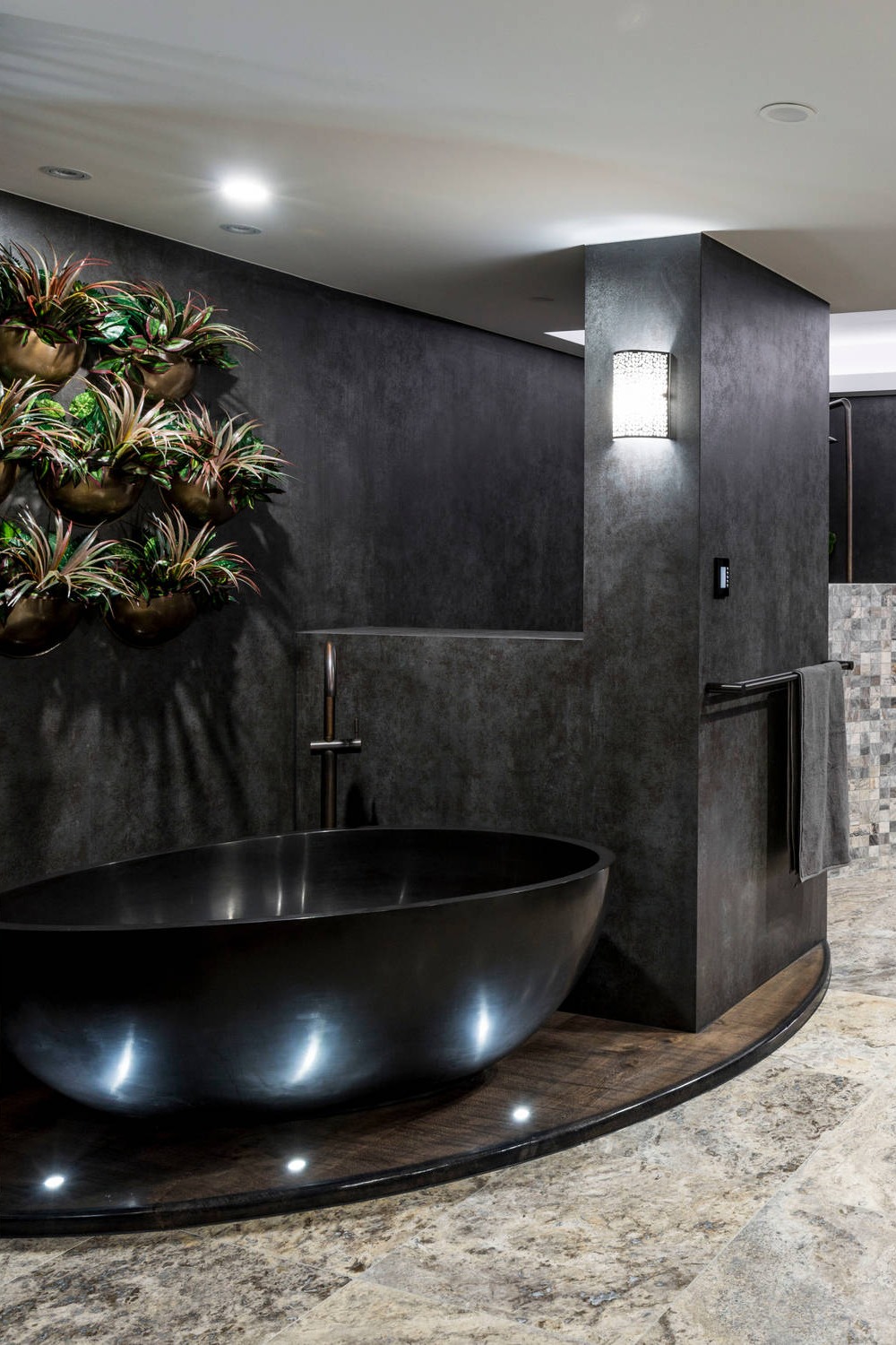 Large Contemporary Gray Tile Travertine Beige Floor Freestanding Black Bathtub