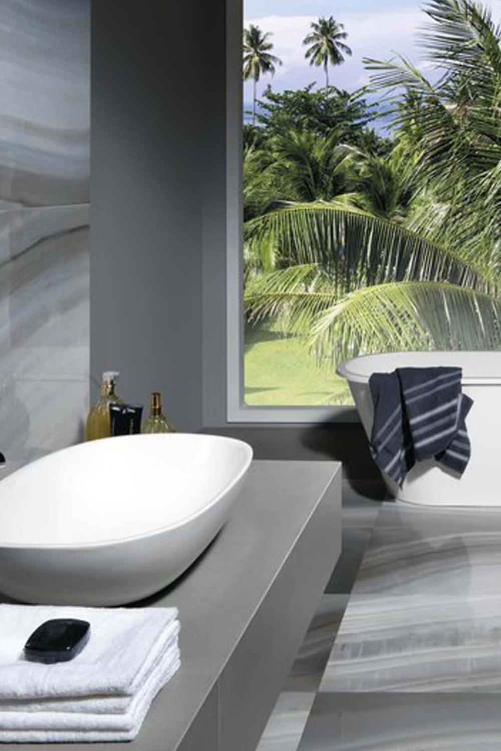 Large Contemporary Master Gray Porcelain Tile Freestanding Bathtub Quartz Countertops