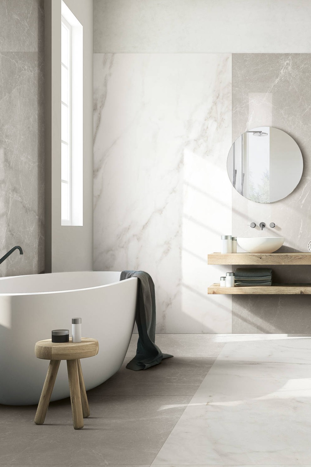 Large Format Ceramic Gray Tiles Freestanding Bathtub Wood Cabinets Vessel Sink