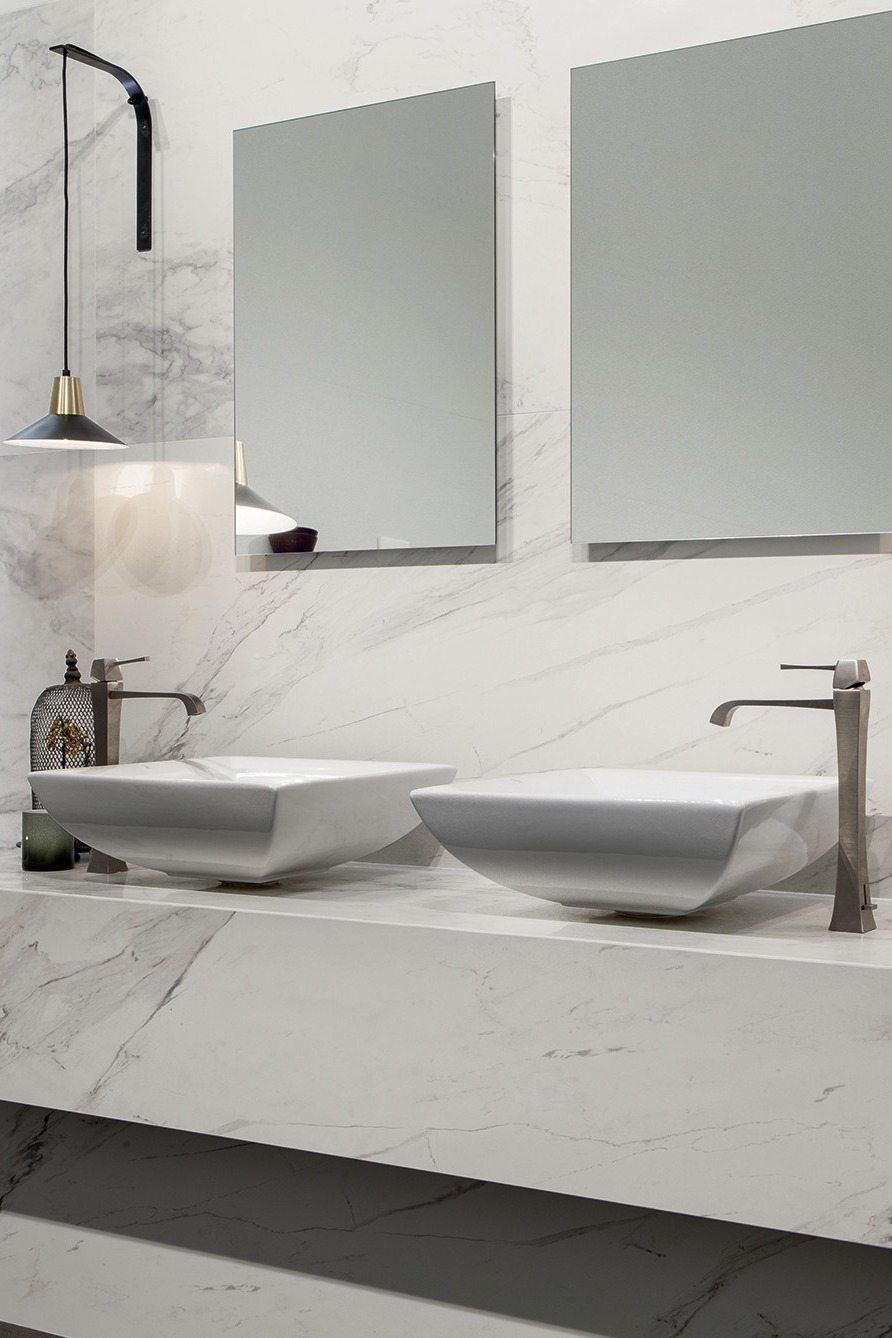 Large Format Ceramic Tile Countertops White Vessel Sink Mirror