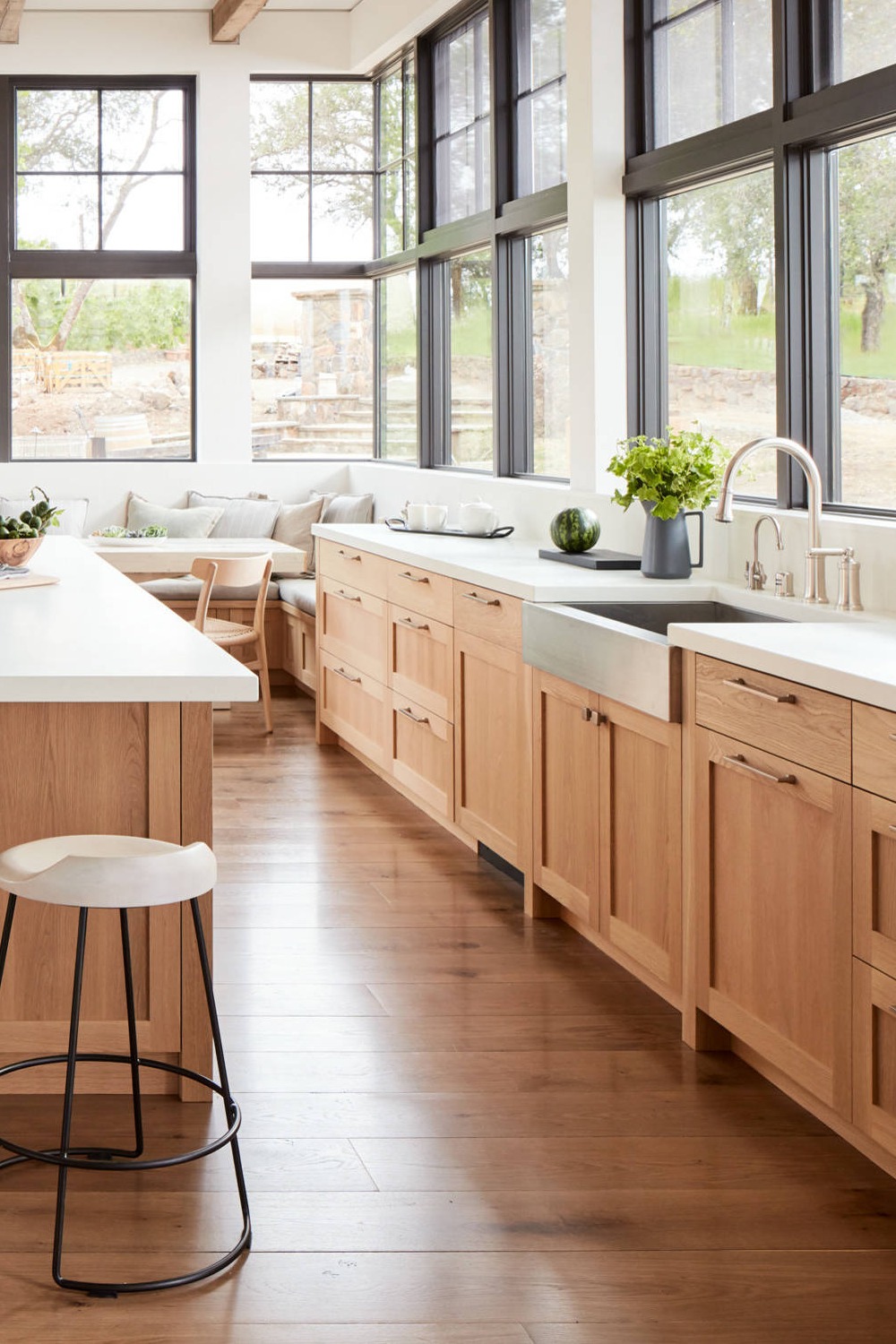 Medium Tone Wood Cabinets White Quartz Countertops Backsplash Farmhouse Sink