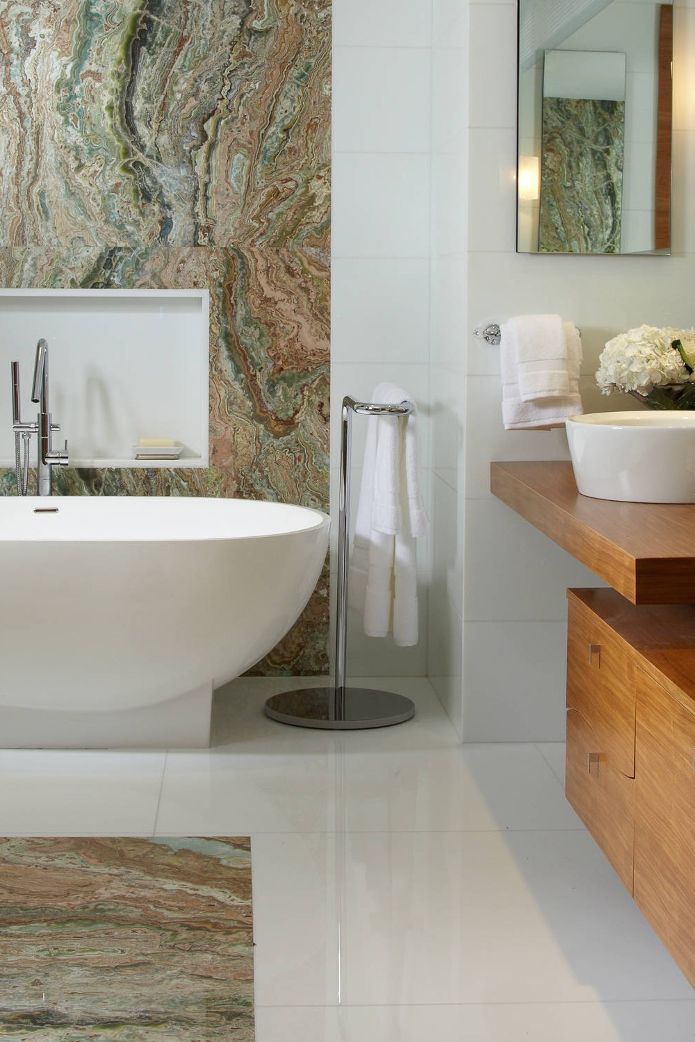 Multicolored Floor Tiles Freestanding Bathtub Vessel Sink Flat Panel Cabinets Brown Countertops