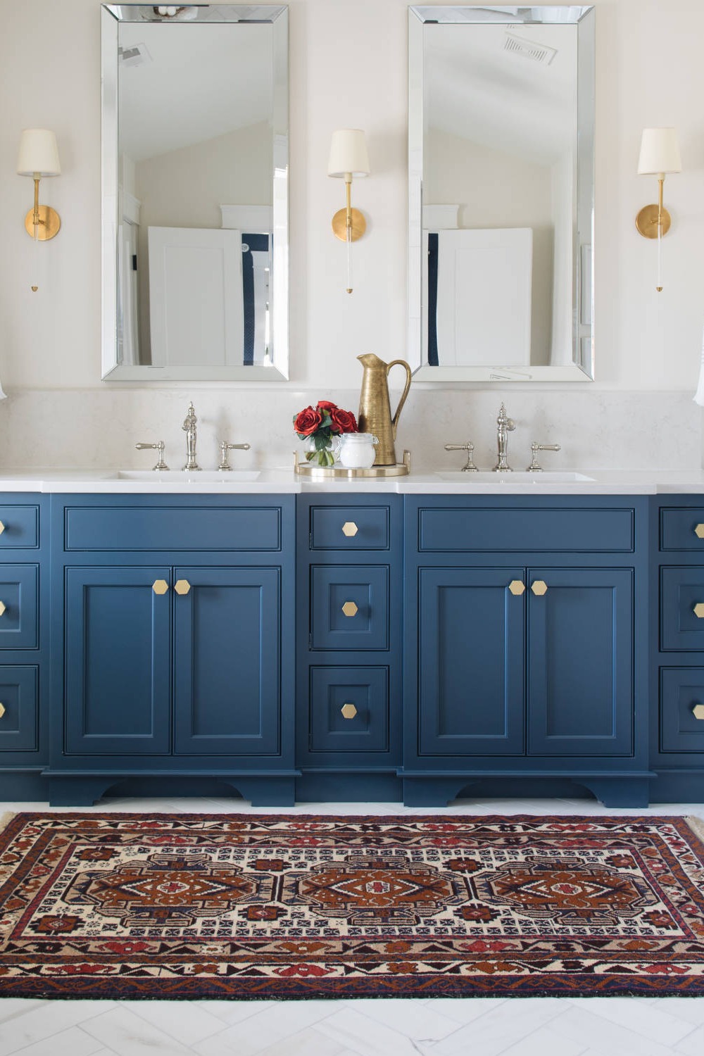 Shaker Blue Cabinets White Marble Countertops Backsplash Gray Floor Tiles