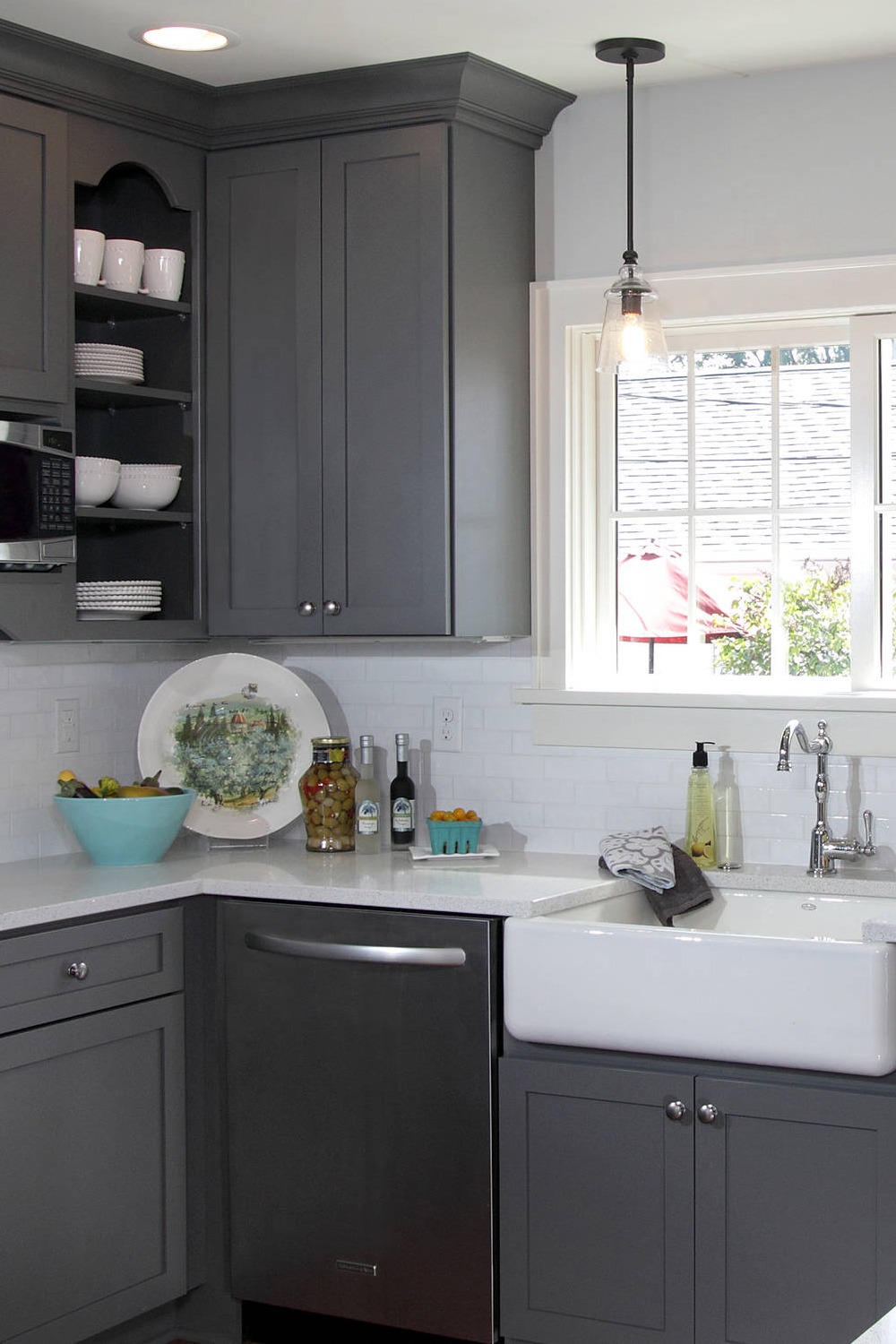 Shaker Gray Charcoal Cabinets White Quartz Countertops Subway Backsplash Tiles Farmhouse Sink