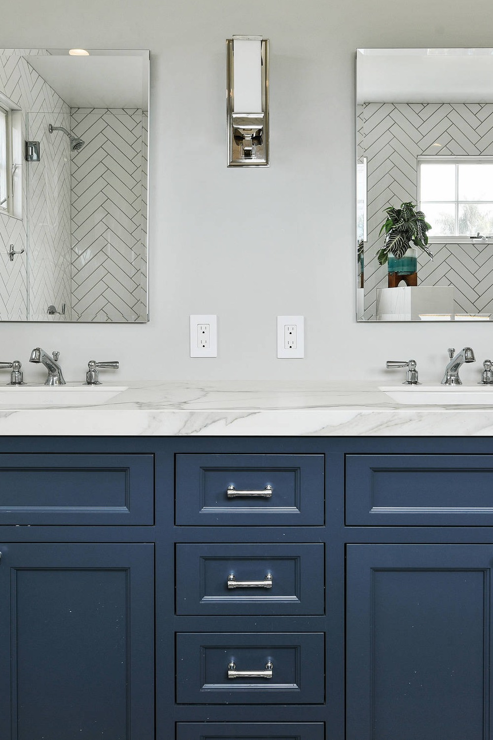White Marble Countertops Blue Cabinets Gray Subway Porcelain Floor Tiles