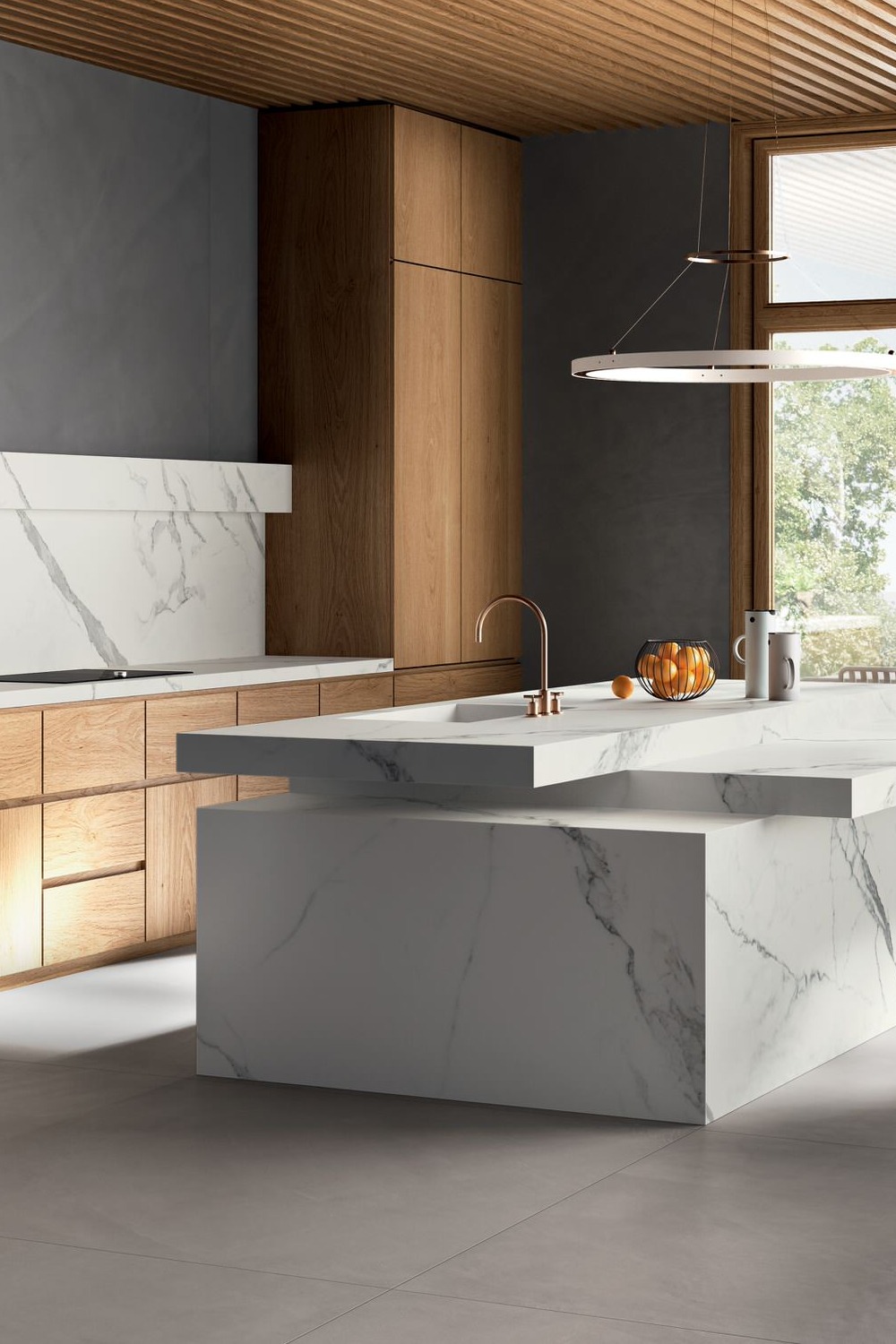 White Marble Look Porcelain Tile Floor Countertops Backsplash Flat Panel Dark Cabinets