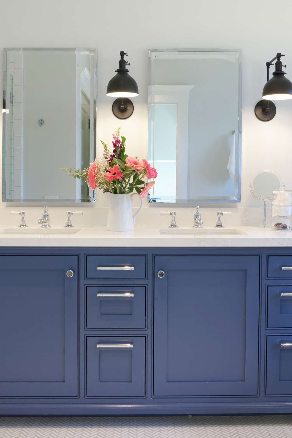 White Quartz Countertops Backsplash Blue Cabinets Mosaic Tile Floor