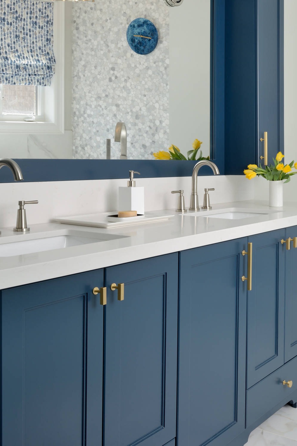 White Quartz Countertops Backsplash Recessed Panel Blue Cabinets Marble Tile Floor