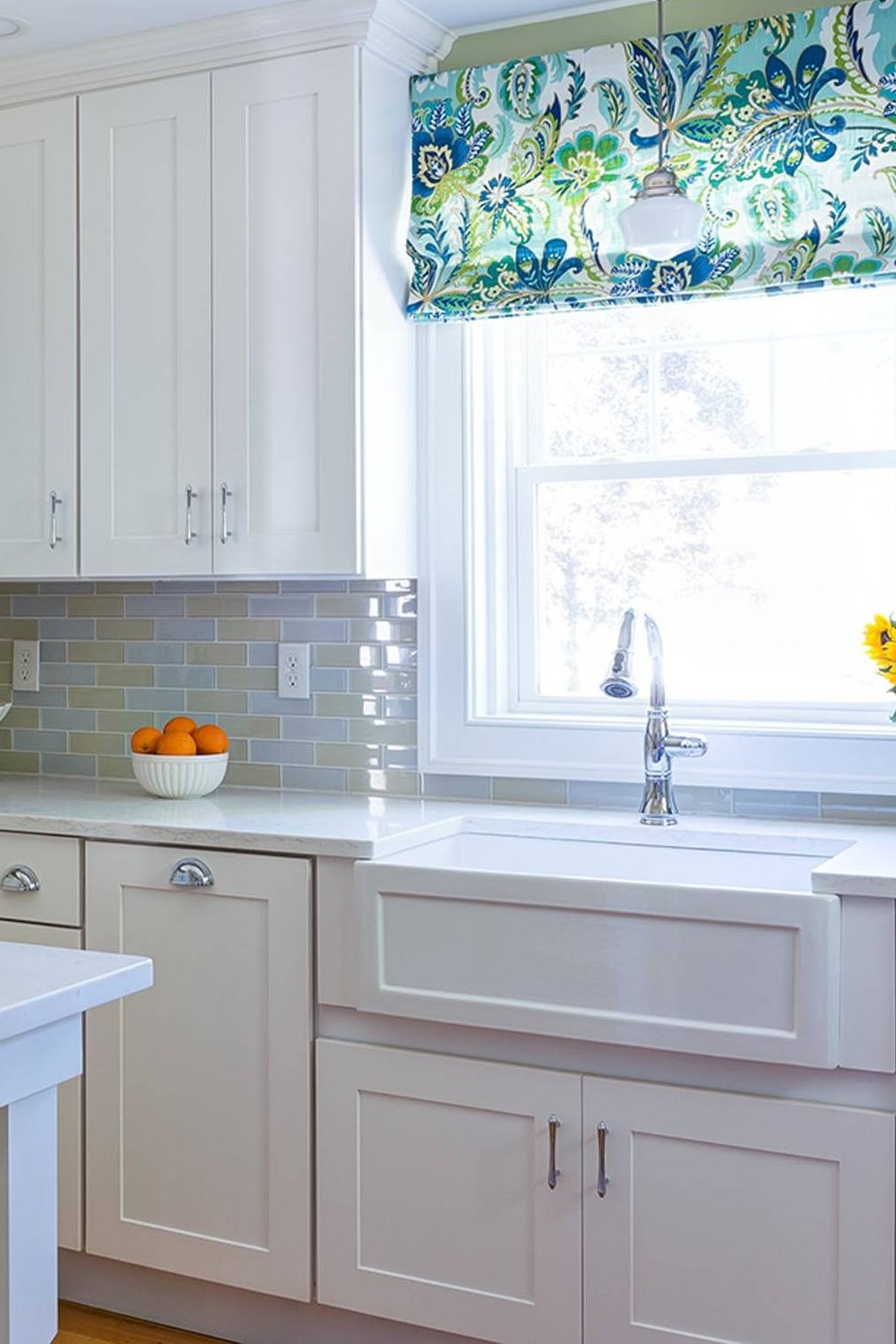 White Shaker Cabinets Multicolored Subway Tile Backsplash Quartz Countertops Farmhouse Sink