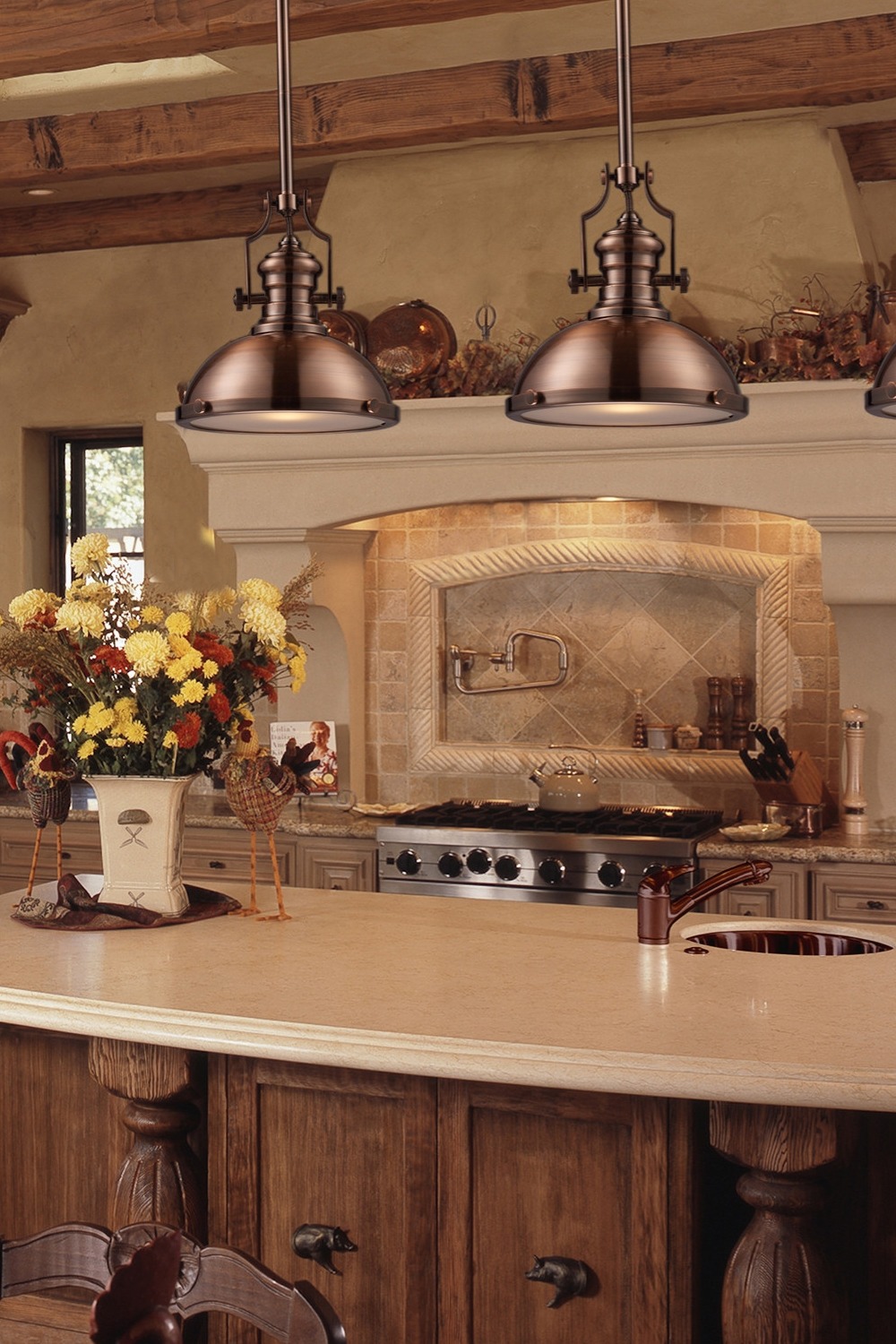 Antique Copper Kitchen Pendant Lighting Cream Travertine Backsplash Tiles Quartz Countertops Cabinets