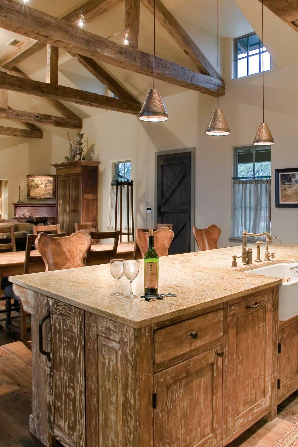Rustic Open Concept Farmhouse Kitchen Yellow Granite Countertops Pendant Lights Wood Floor