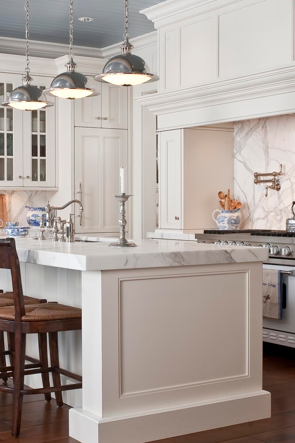 White Marble Countertops Stone Slab Full High Backsplash Cabinets Pendant Lighting