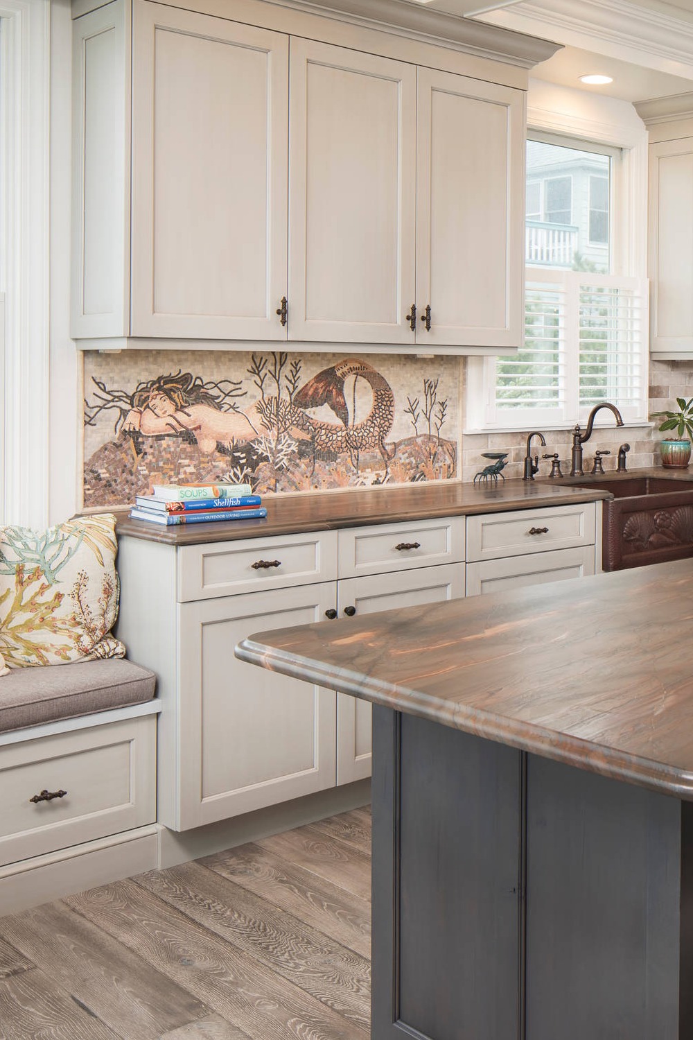 Brown Quartzite Counters Gray Cabinets Multicolored Backsplash Farmhouse Sink Hardwood Flooring
