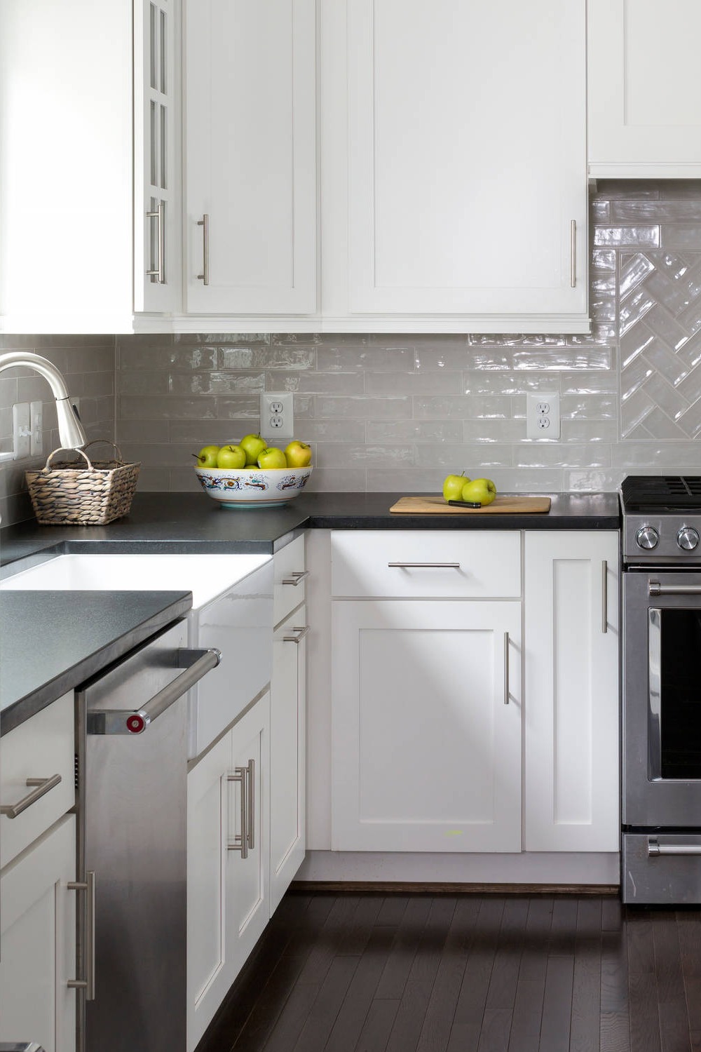 Honed Black Granite Counters Shaker White Cabinetry Grey Subway Tile Hardwood Flooring Farmhouse Kitchen