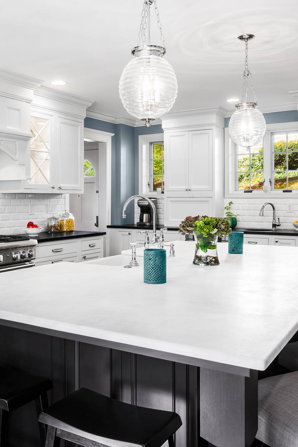 Soapstone Countertops Subway Backsplash White Cabinetry Gray Paint Pendant Lightings Eat In Kitchen Open Concept
