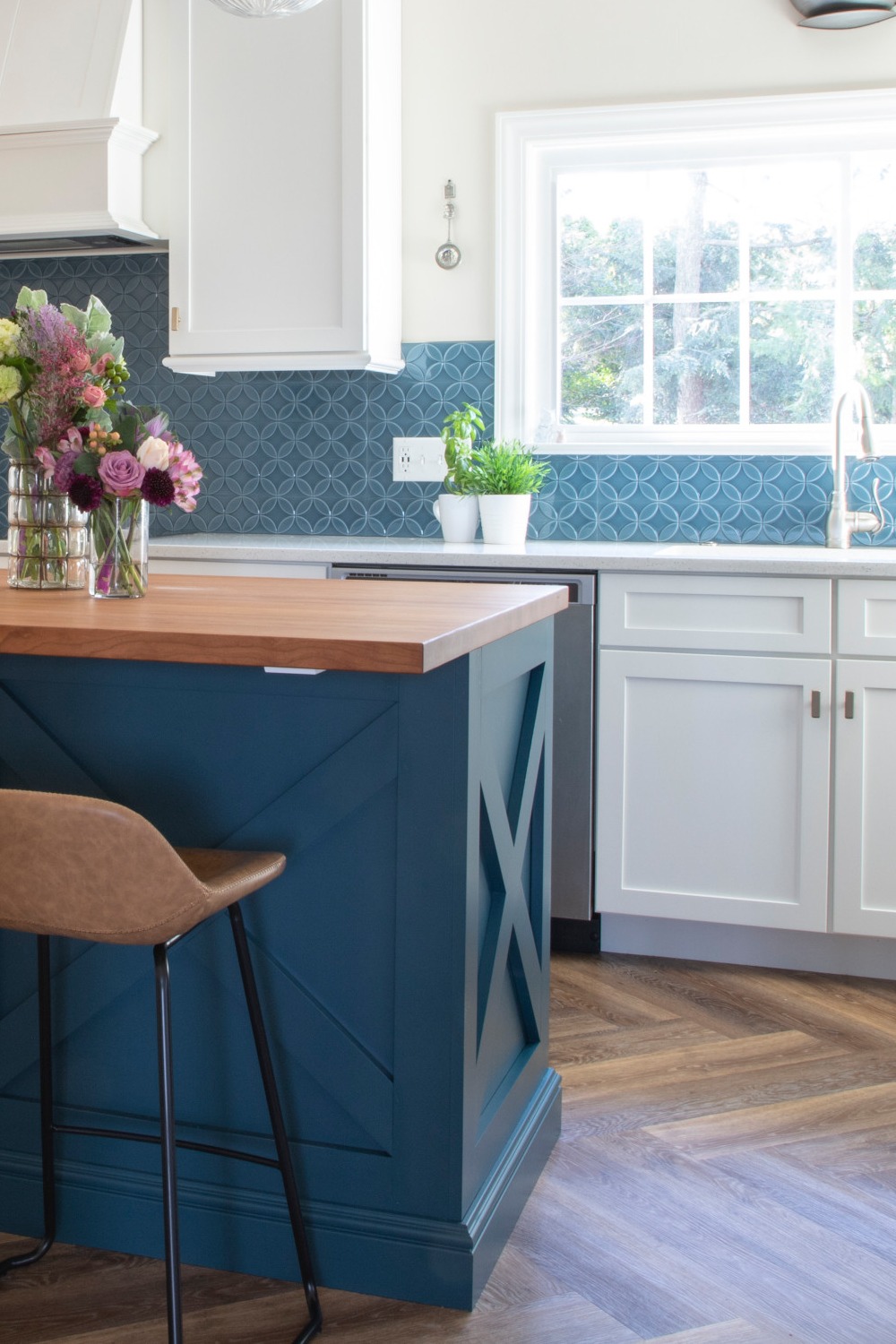 Blue Kitchen Tiles Backsplash Wood Counter Open Plan Room Dining Storage