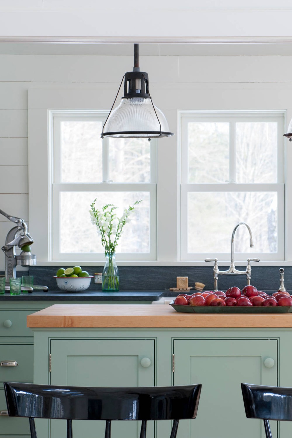 Green Cabinet Gray Backsplash Wood Counter Pendant Lighting