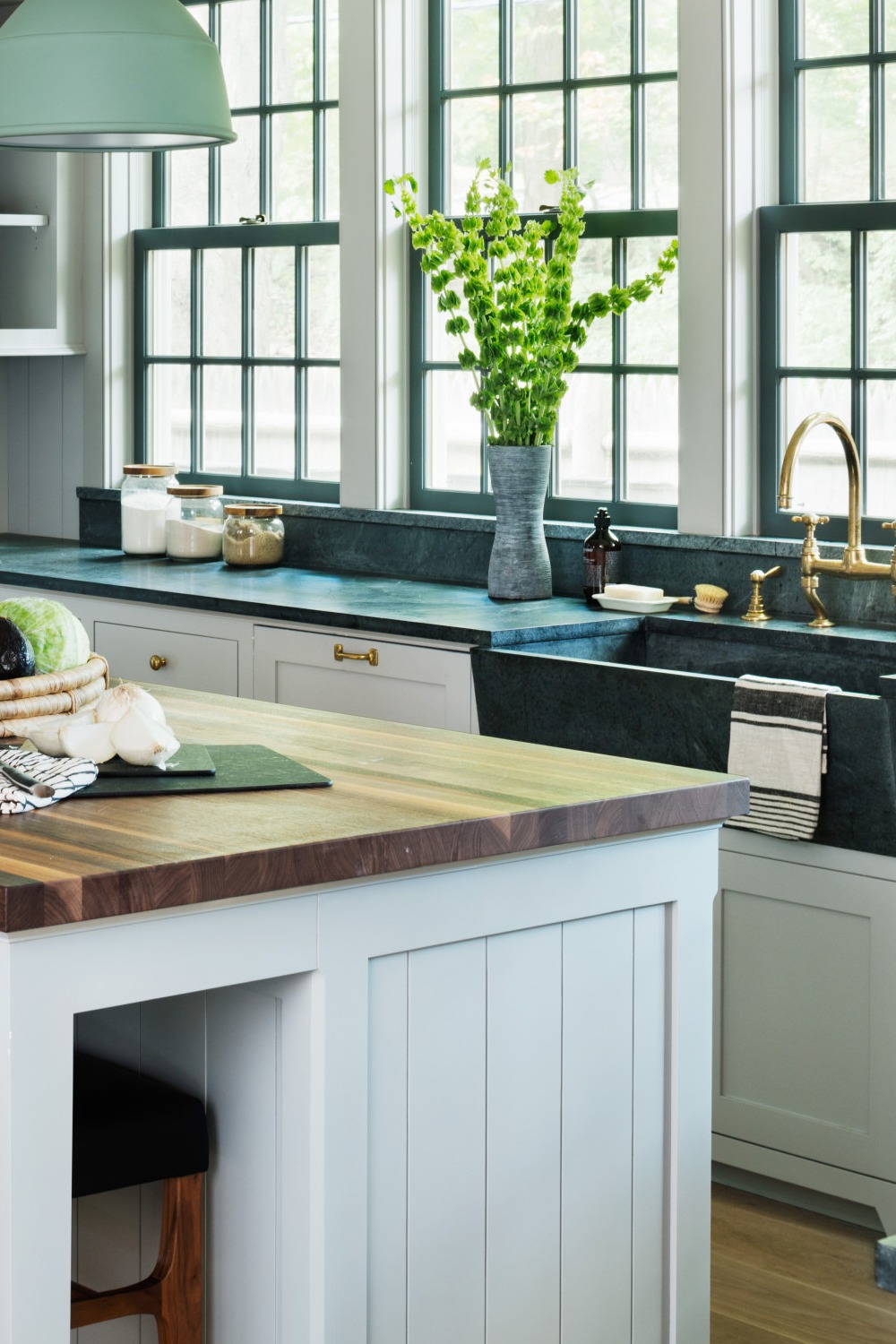 Grey Soapstone Counters Sink Backsplash Light Wood Floor