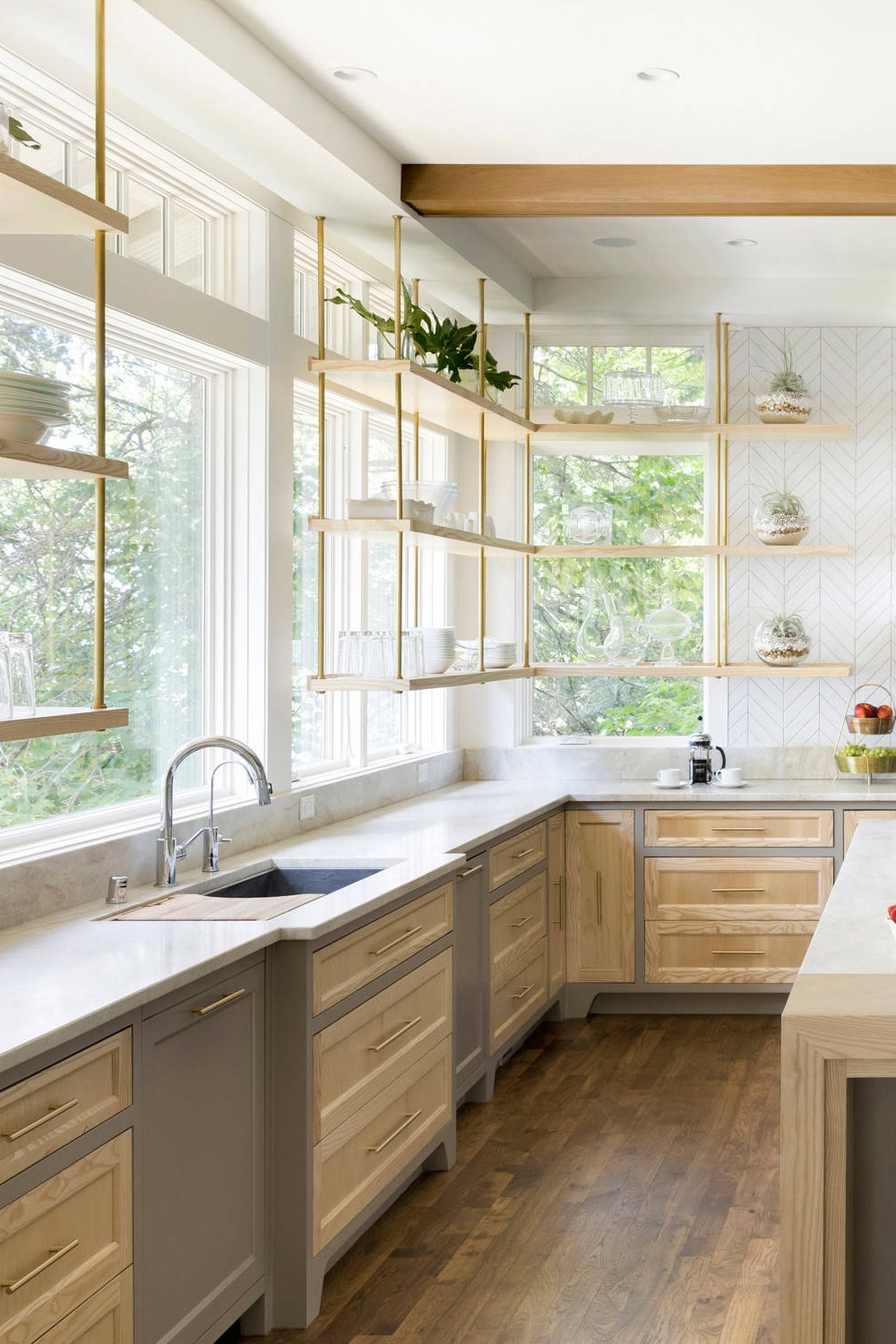 Inspiration Modern Brown Floor Kitchen Grey Cabinetry White Counters Backsplash