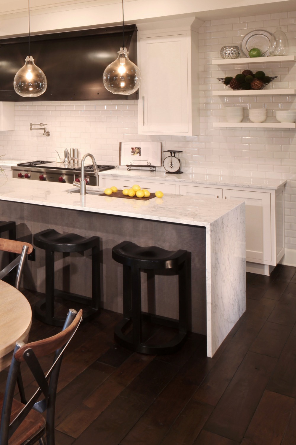 Porcelain Backsplash Tiles Marble Counters Brown Hardwood Flooring Cabinet