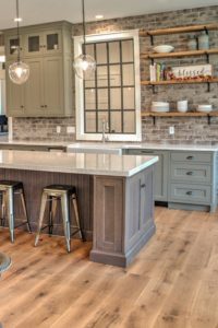 Transitional Kitchen Design Ideas Green Grey Cabinetry Brick Red Backpslash Light Wood Floor