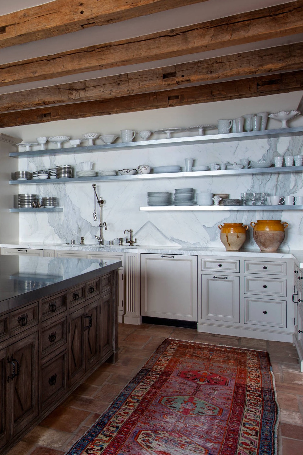 Tuscan Terra Cotta Tile Beige Cabinetry Stone Slab Marble Backsplash Counter