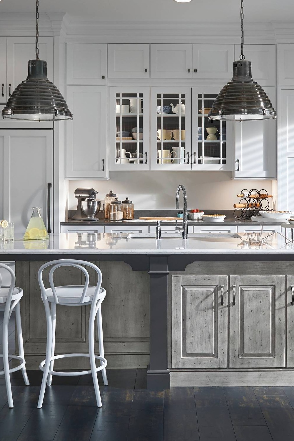White Kitchen Gray Island Cabinetry Quartz Counters Black Distressed Flooring