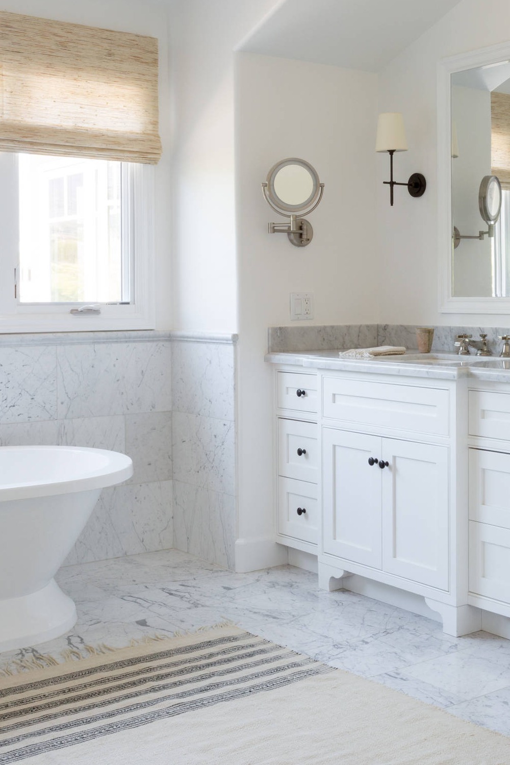Beaded Inset Cabinet White Carrara Marble Flooring Counter Undermount Sink Mirror Bathtub