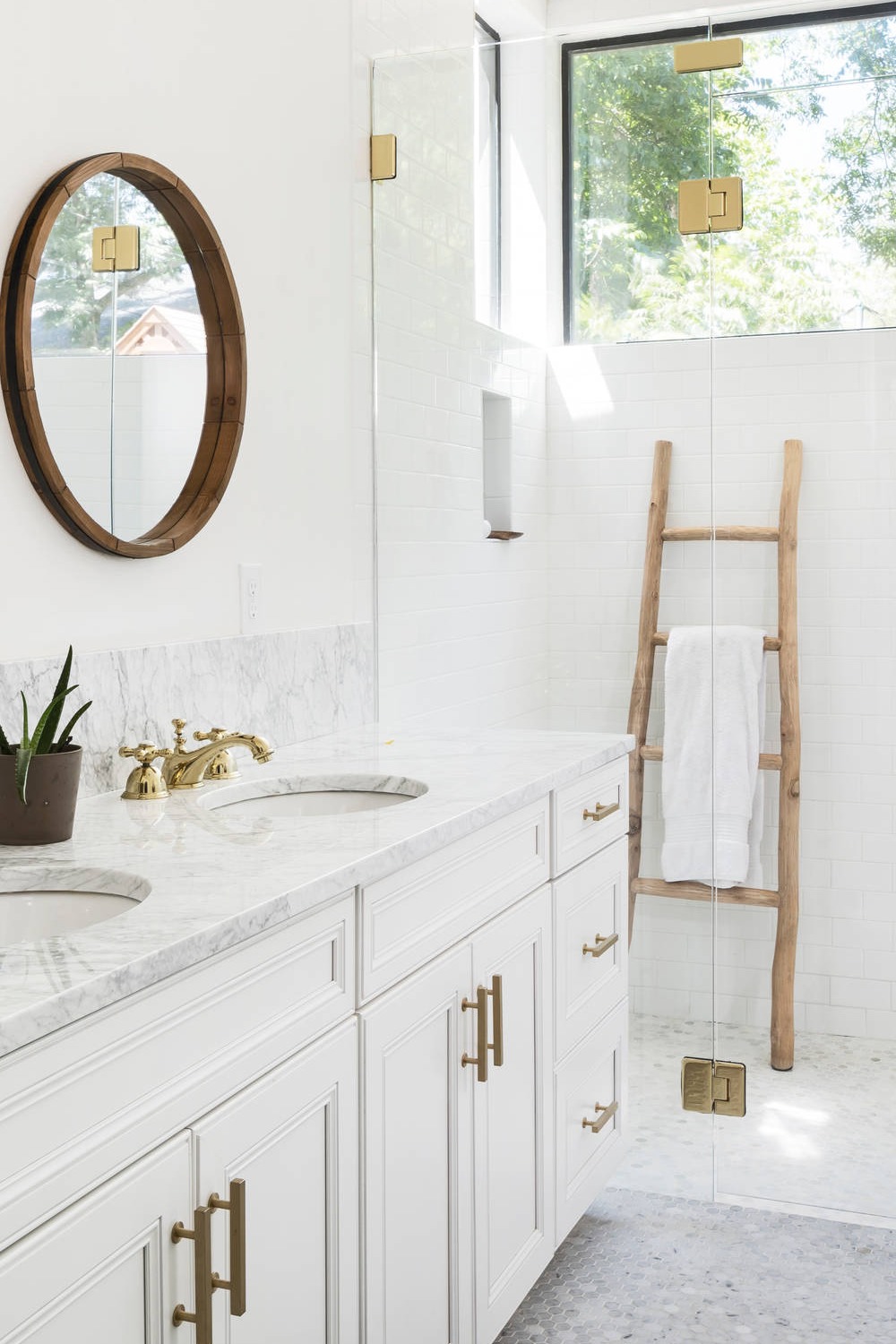 Beaded Inset Cabinetry White Tops Grey Mosaic Floor Tiles Freestanding Towel Rack Hinged Shower Door