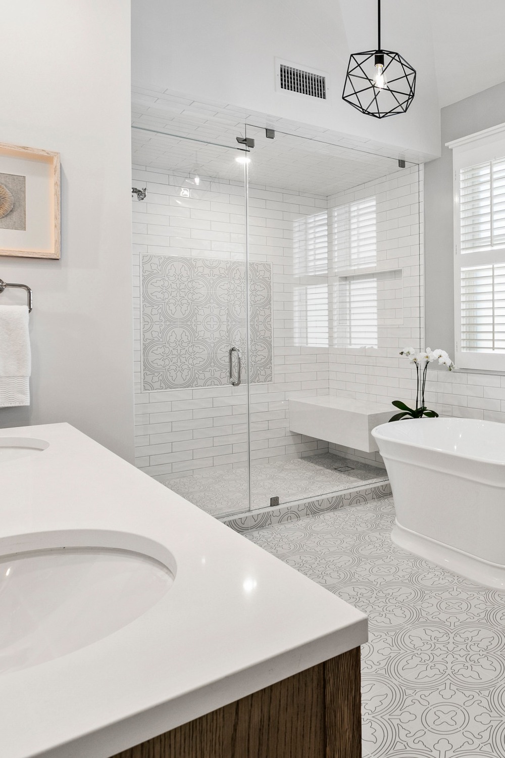 Furniture Like Bathroom Cabinets Multicolored Porcelain Tile White Subway Quartz Counter Freestanding Bathtub Shower Door