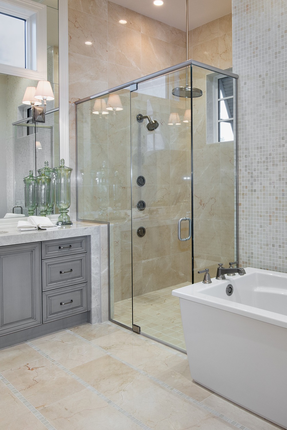 Grey Cabinet Freestanding Bath Tub Quartzite Miter Edge Countertop Cream Large Size Tiles