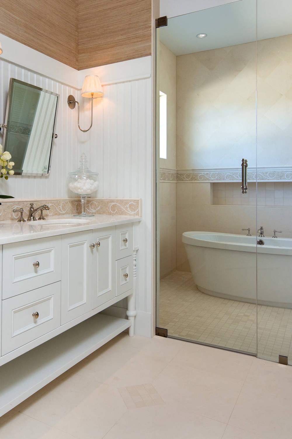Large Format Cream Flooring Cabinetry Undermount Sink Hinged Shower Door Free Standing Bath Tub Mosaic