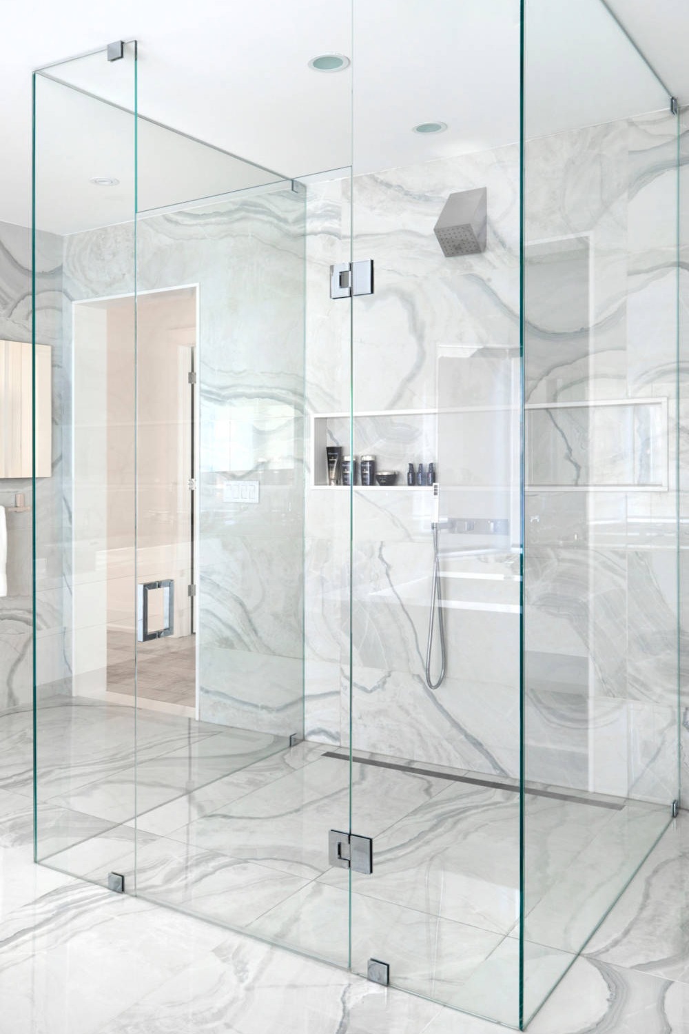 Large Format Gray Tile Marble Floor Doorless Shower Ideas